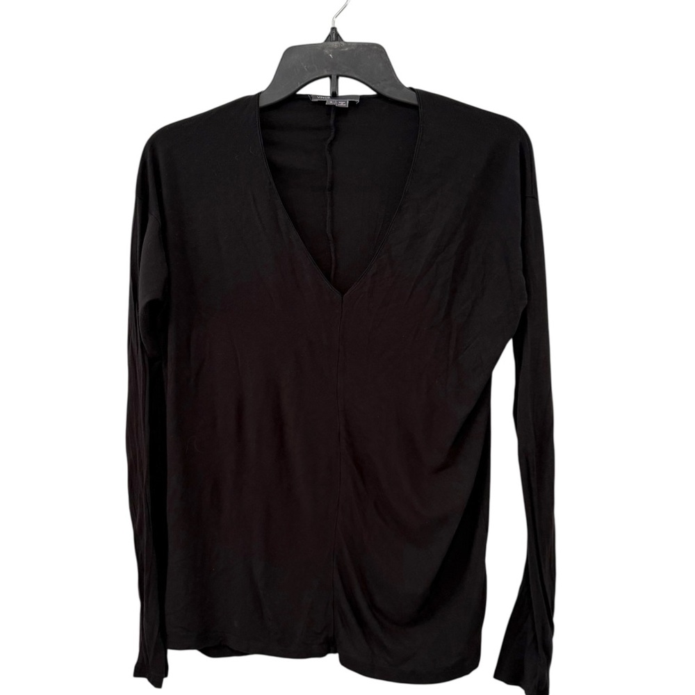 Vince Small Black V-Neck Long Sleeve Top Viscose Stretch Minimalist Blouse